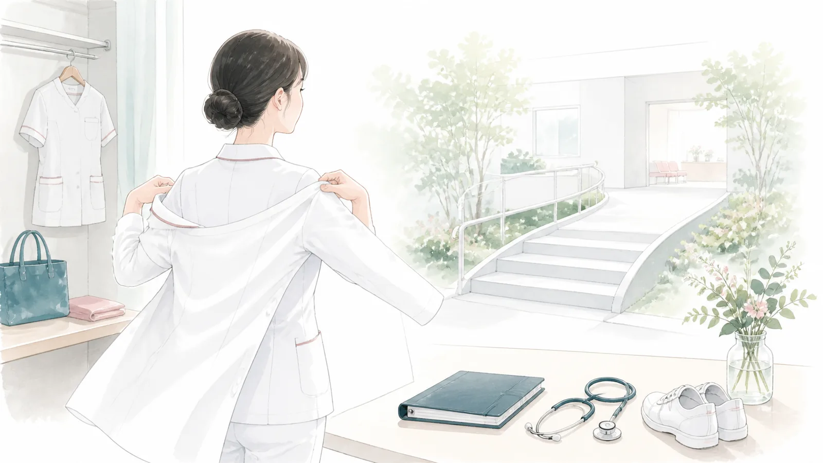 白衣に袖を通し直し段階的な復職を準備する看護師のイラスト