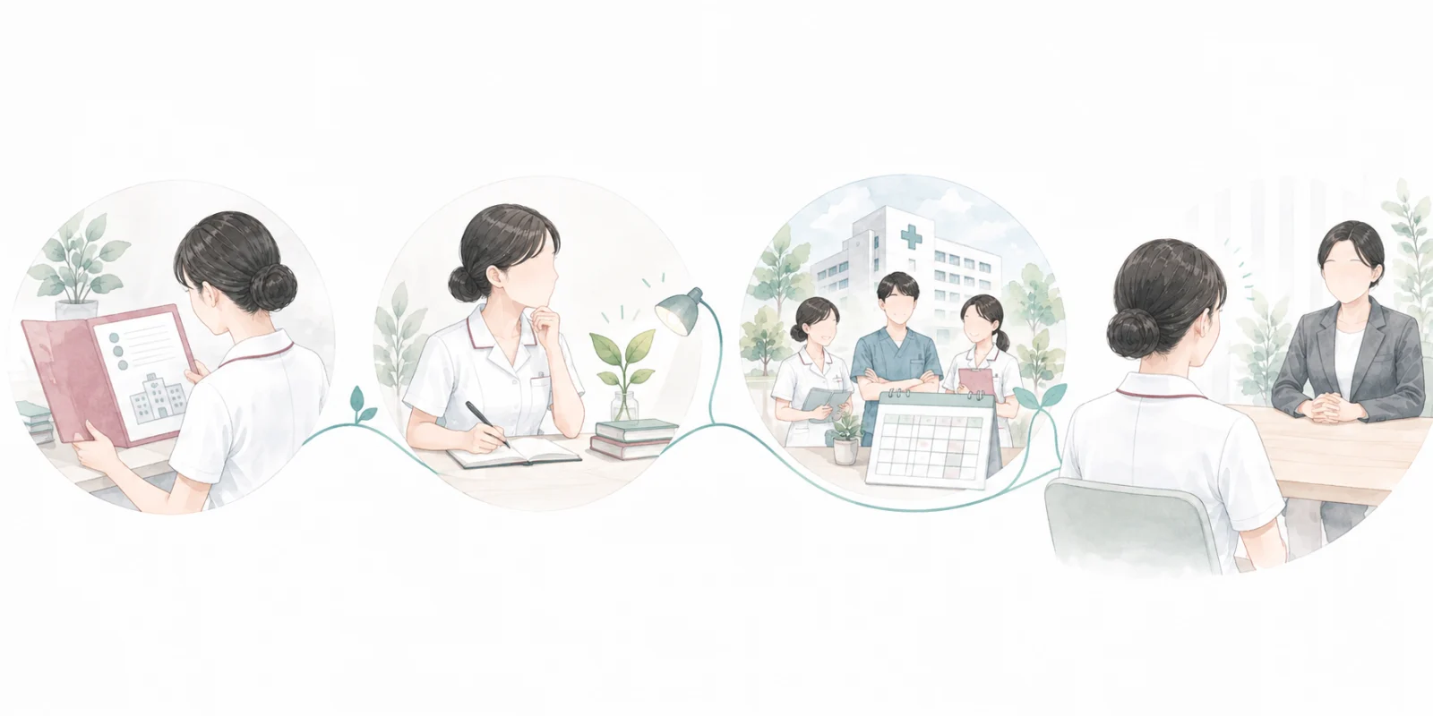 事実、学んだこと、次の条件の三段で退職理由を整理する看護師のイラスト