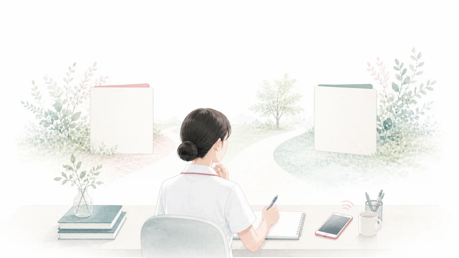 2つの転職支援サービスを比較しながら連絡を管理する看護師のイラスト