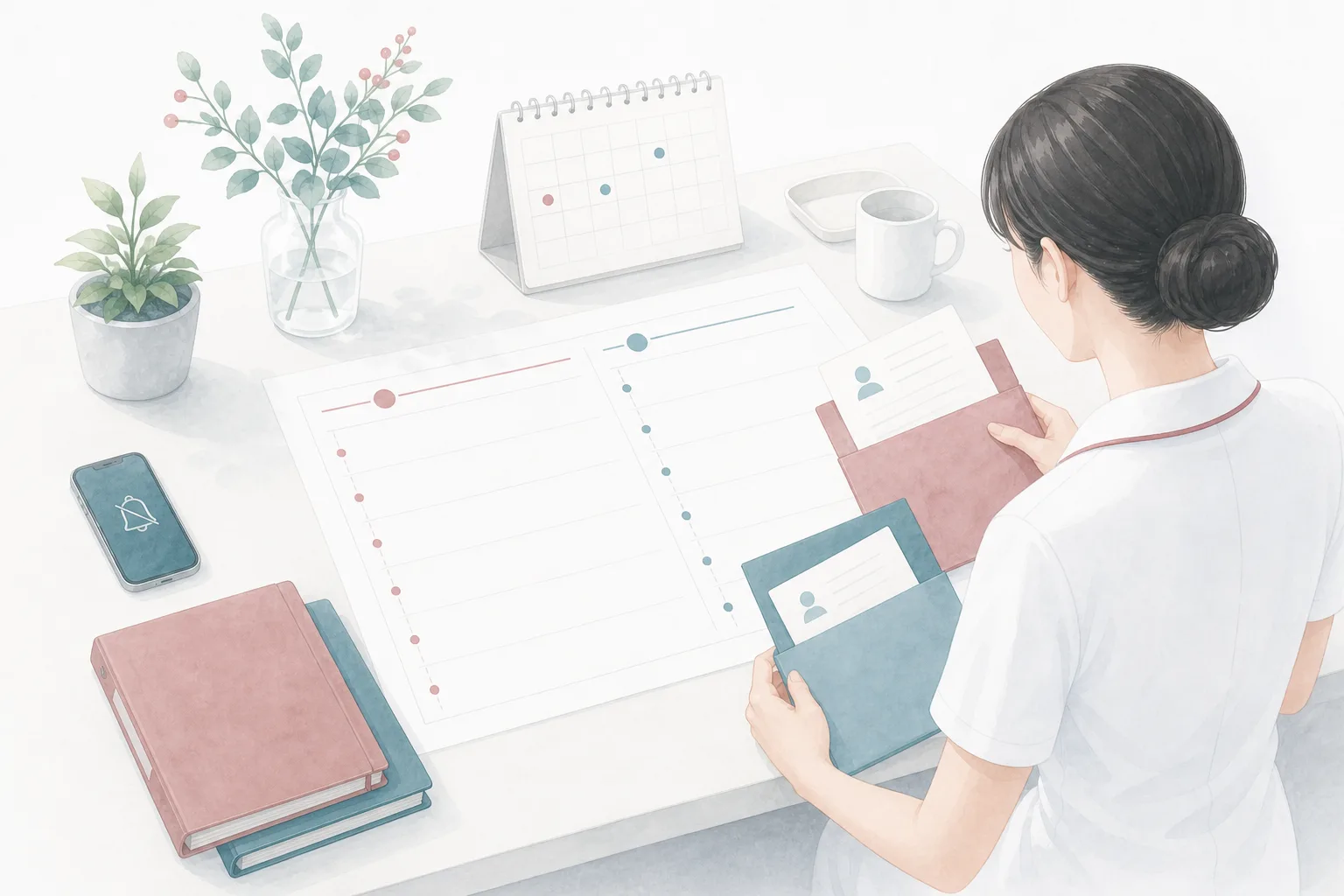 複数サービスの応募窓口と連絡予定を一覧で整理する看護師のイラスト