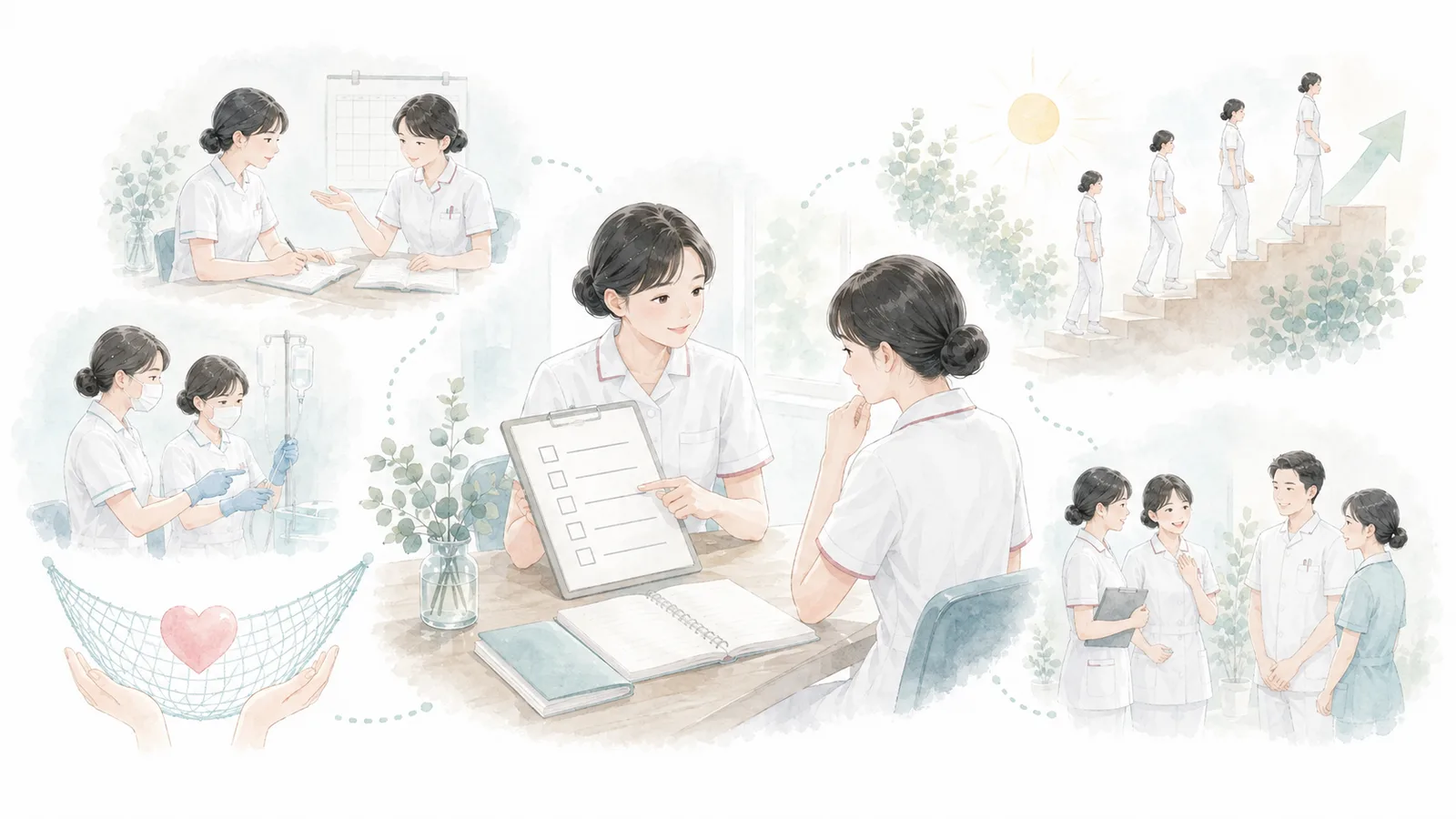 新卒看護師が指導担当者や研修手順など教育体制を確認するイラスト