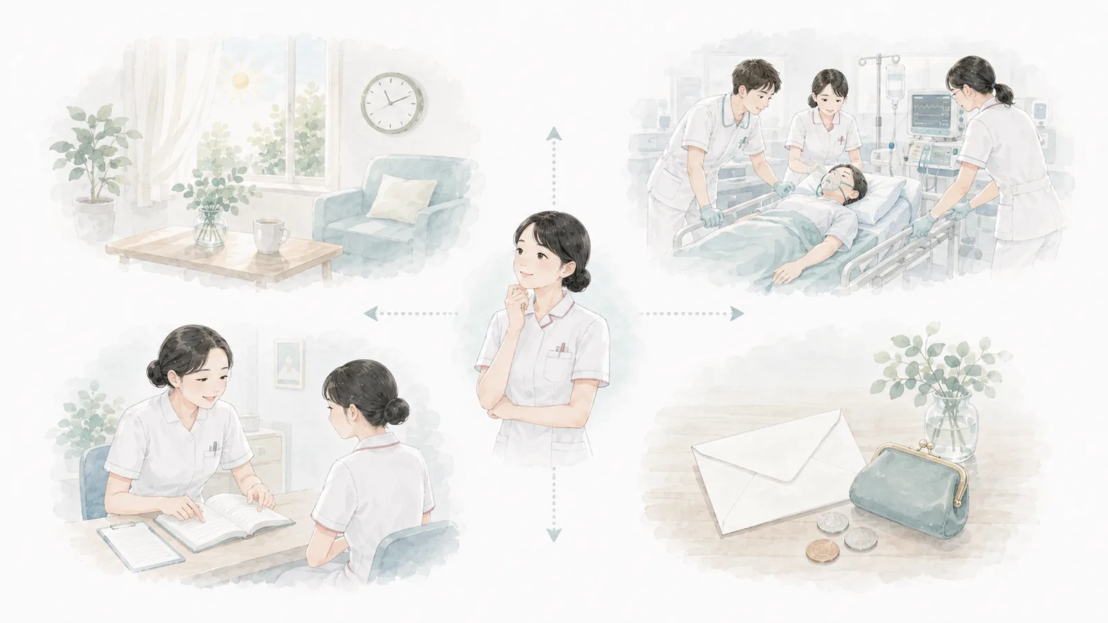 生活、経験、教育、収入の二軸で働き方の向き不向きを考えるイラスト