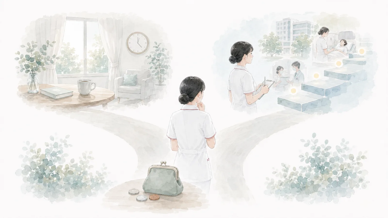 生活リズム、給与、臨床経験の引き換えを考える新卒看護師のイラスト