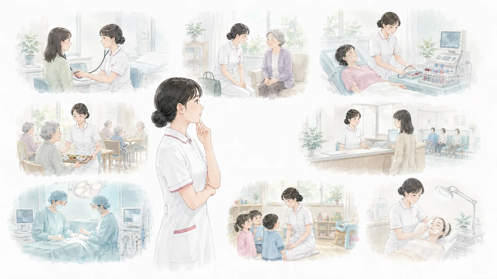 新卒看護師が夜勤なしで働ける八つの職場の型を比較するイラスト