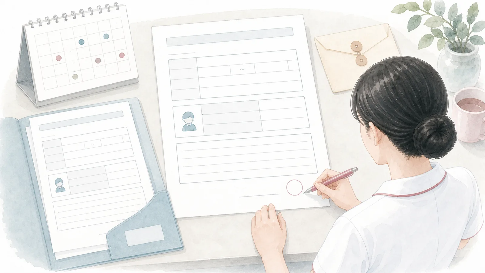 夜勤免除の請求書と提出控えを準備する看護師のイラスト