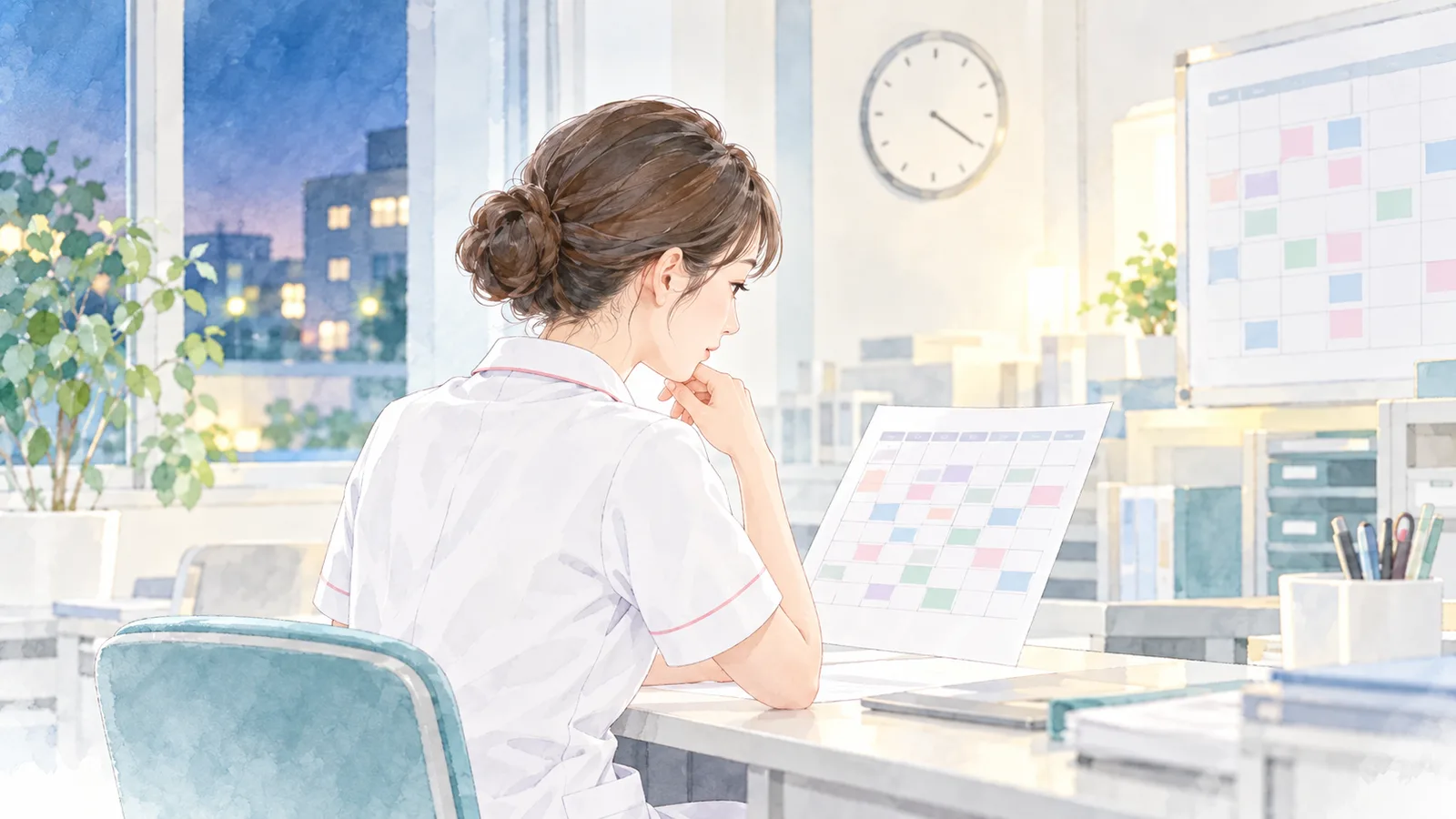 夜の病棟で月間の夜勤回数と勤務間隔を確認する看護師