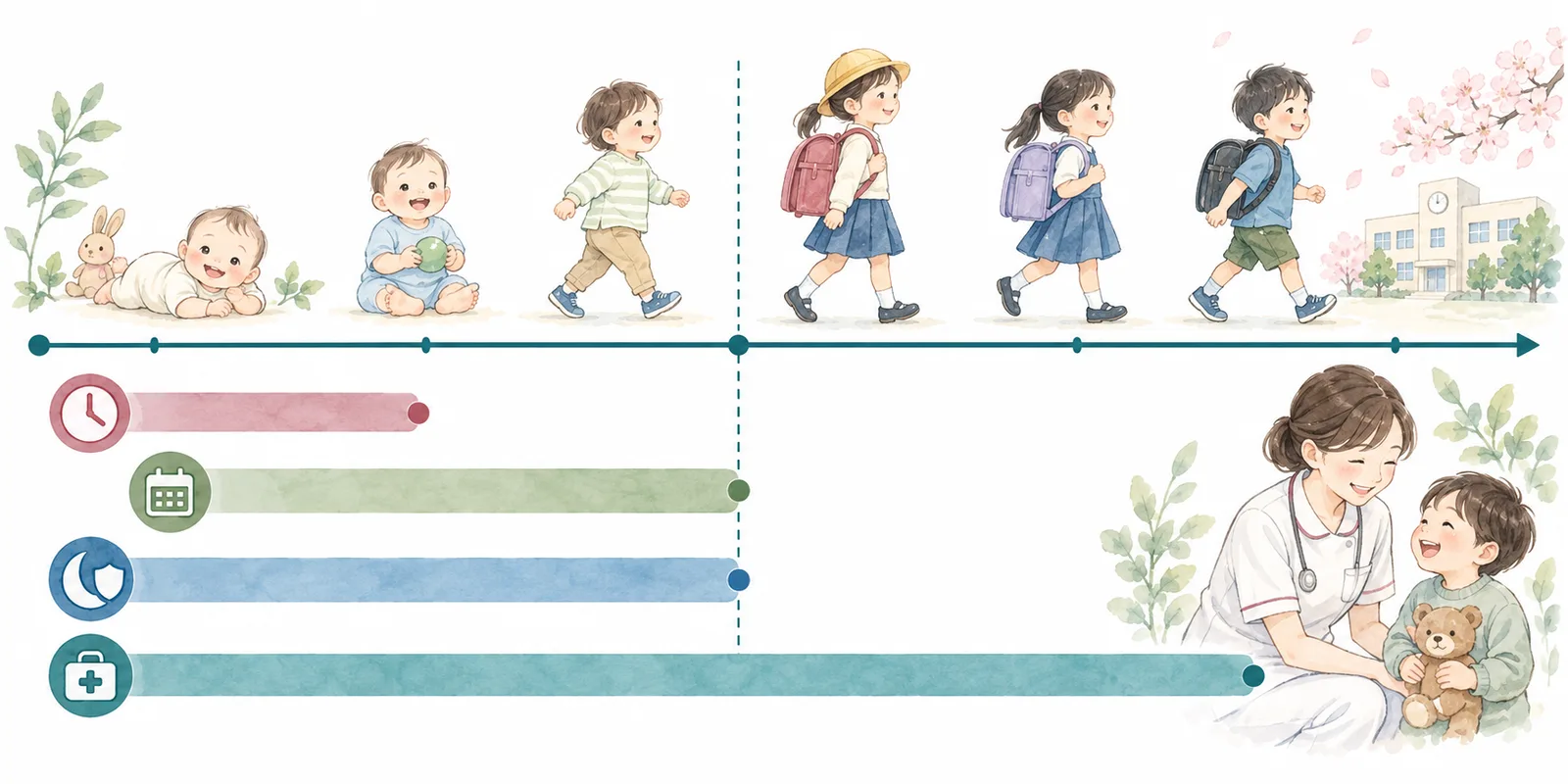 子どもの成長と就学を境に育児支援制度の期間を比べる四本の時間軸の図解