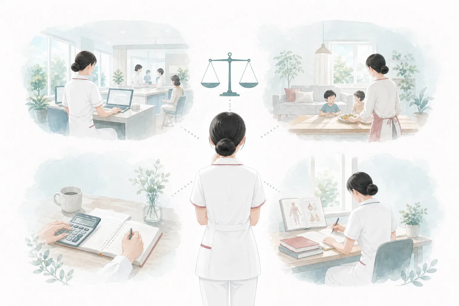日勤の仕事と暮らし、収入、学びのバランスを考える看護師のイラスト