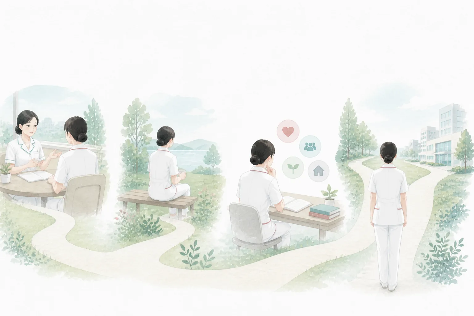 相談と休息を経て次の一歩を整理する新人看護師のイラスト