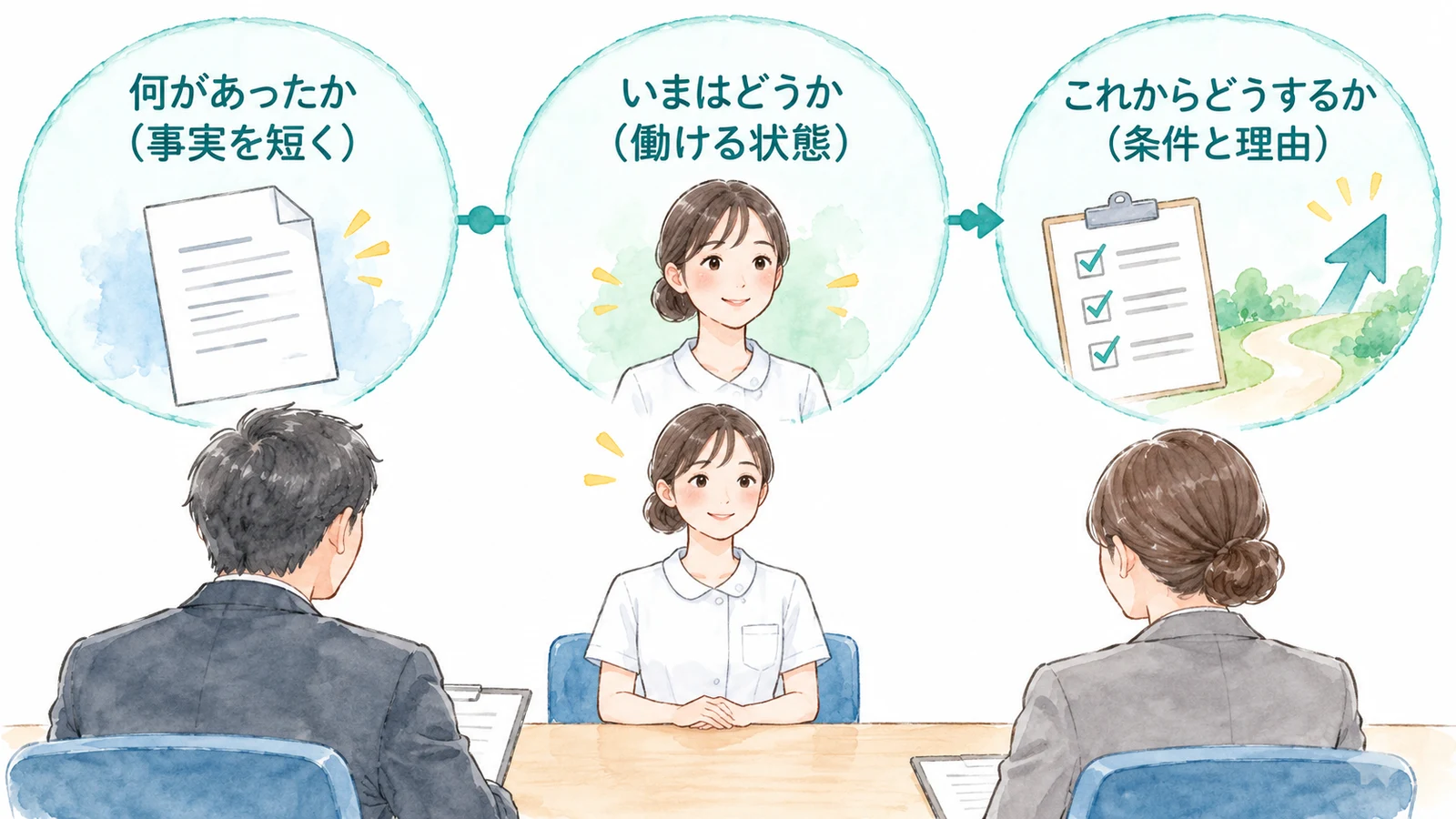退職理由を、何があったか、いまはどうか、これからどうするかの三段階で伝える図