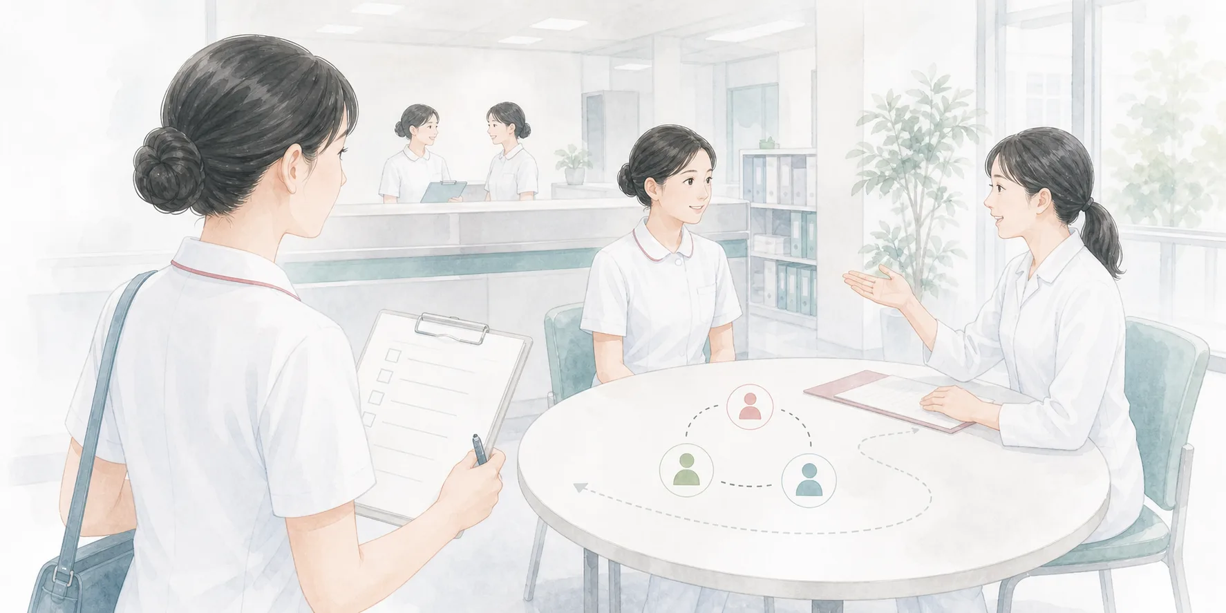病院見学と面接で職場の相談体制や人間関係を確認する看護師のイラスト