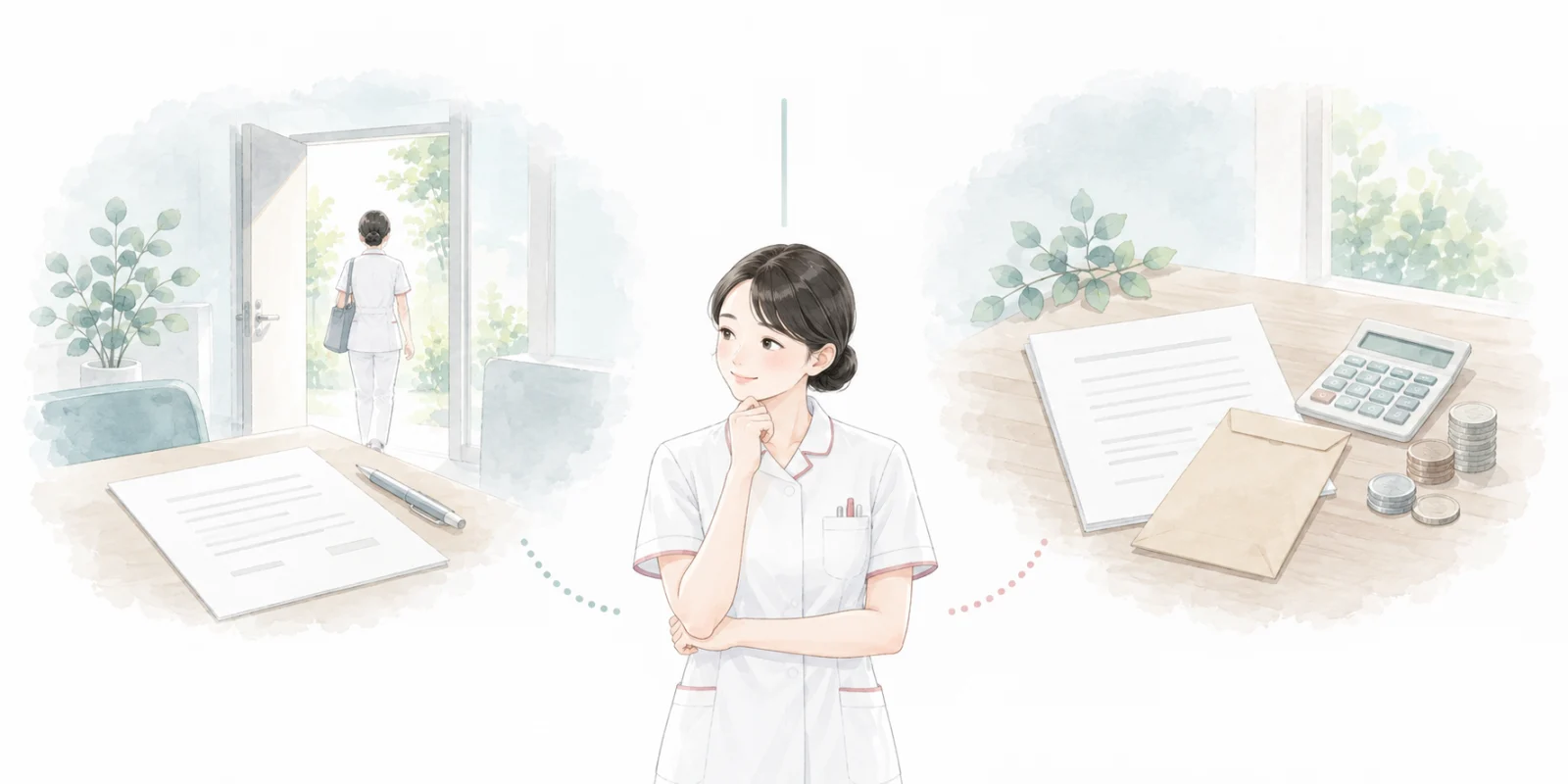 雇用契約の終了と奨学金返還を二つの問題に分けて整理する看護師のイラスト