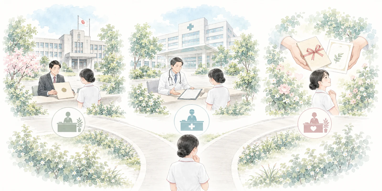 公的修学資金、病院独自奨学金、その他支援金の違いを整理するイラスト