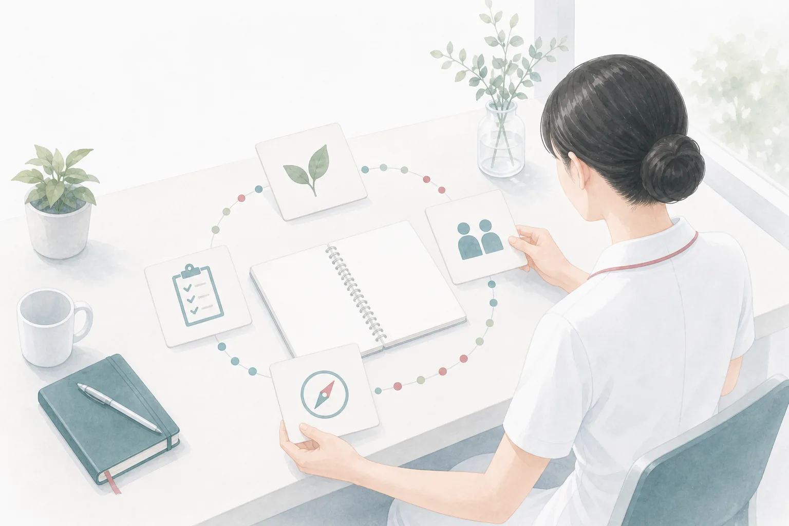経験、健康、職場の支援、次の目標を整理する看護師のイラスト