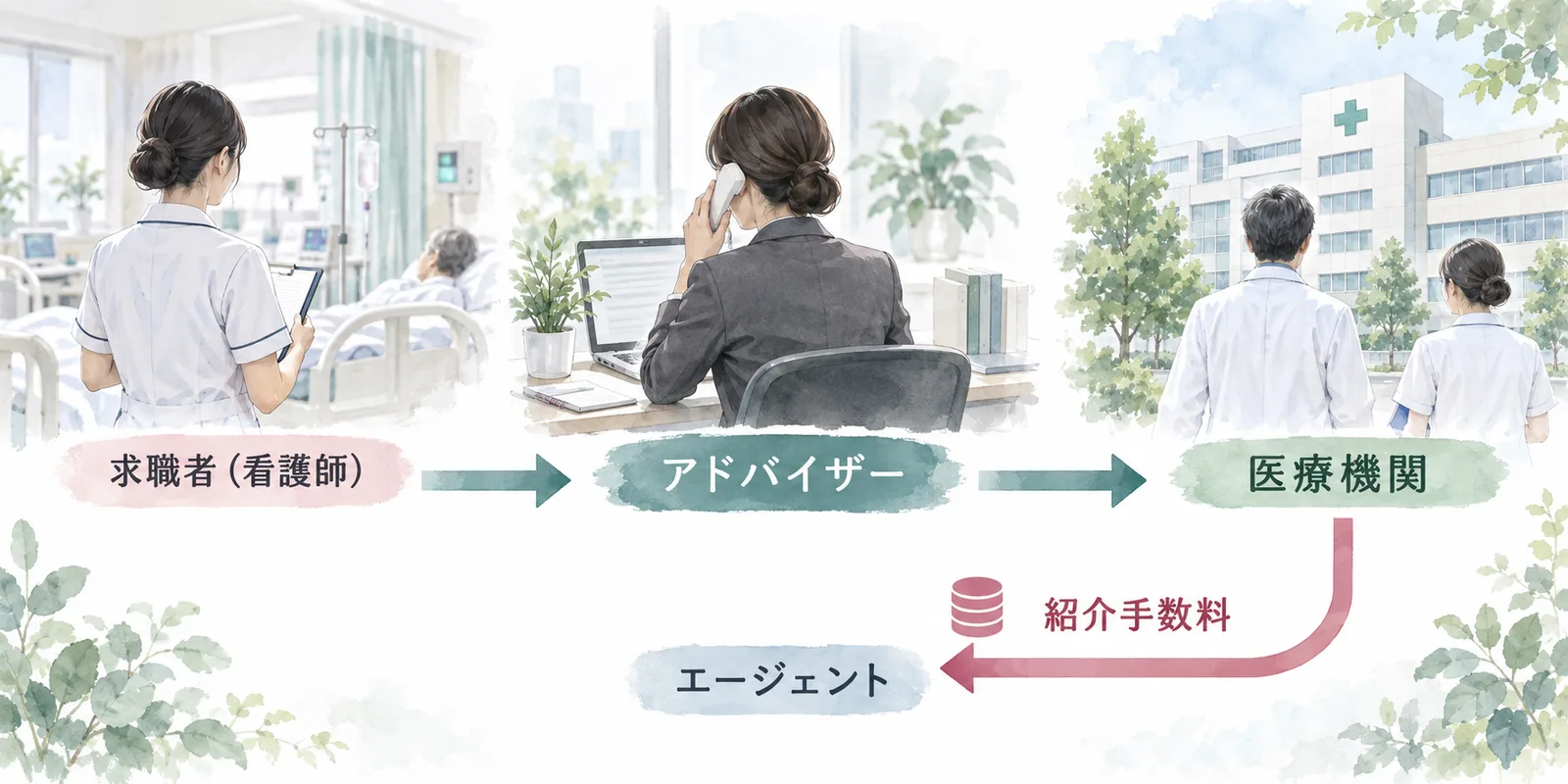 求職者の看護師、アドバイザー、医療機関の関係。紹介手数料は医療機関からエージェントへ支払われる