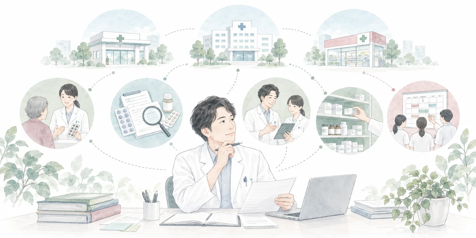 患者対応や管理、育成の経験を整理して転職先を比較する40代薬剤師のイラスト