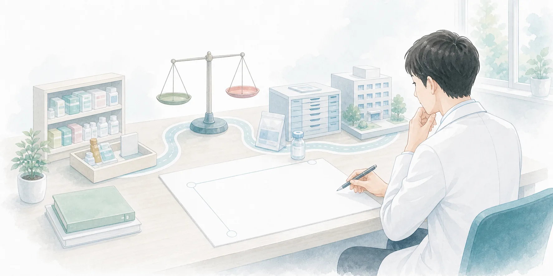 待遇と調剤・臨床経験を比較しながら進路を整理する薬剤師のイラスト