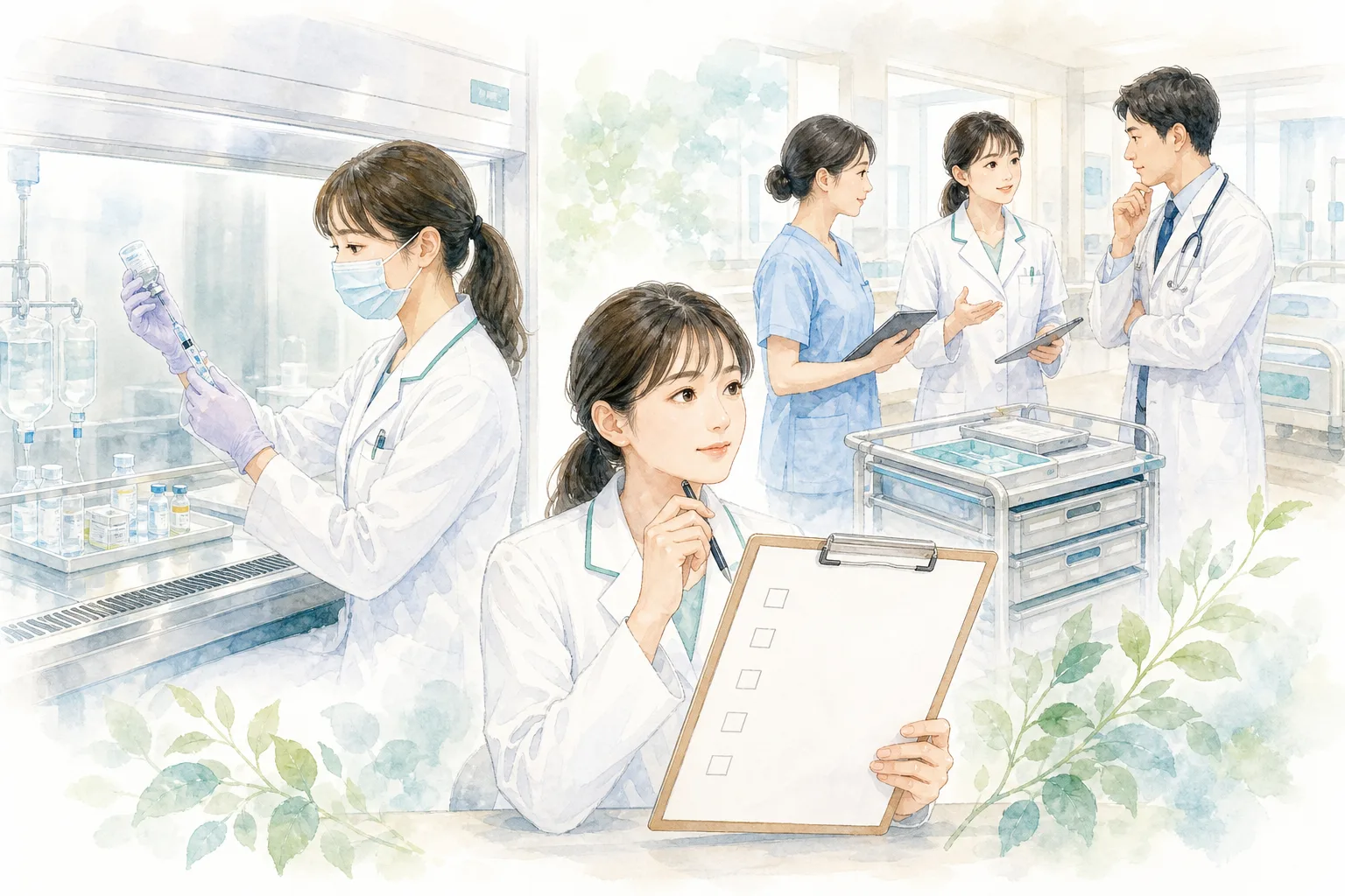 注射薬調製や病棟業務の経験を棚卸しする病院薬剤師のイラスト