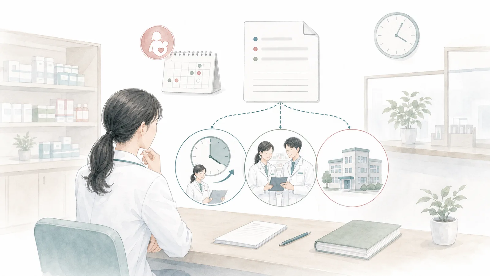 時短勤務の申出と職場内調整、相談先を整理する薬剤師のイラスト