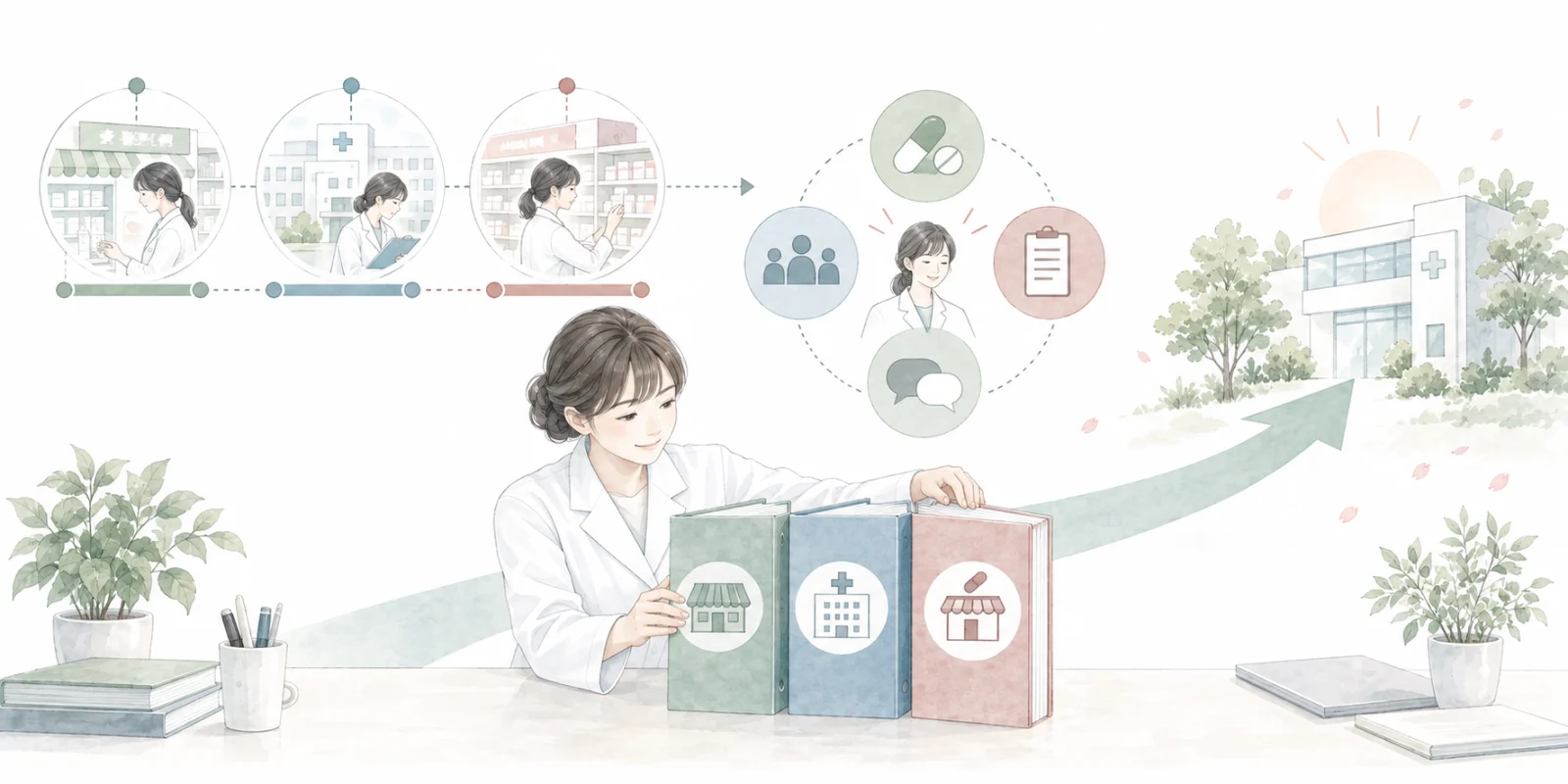 職歴の理由と経験、次の目標を一つの道筋に整理する薬剤師のイラスト
