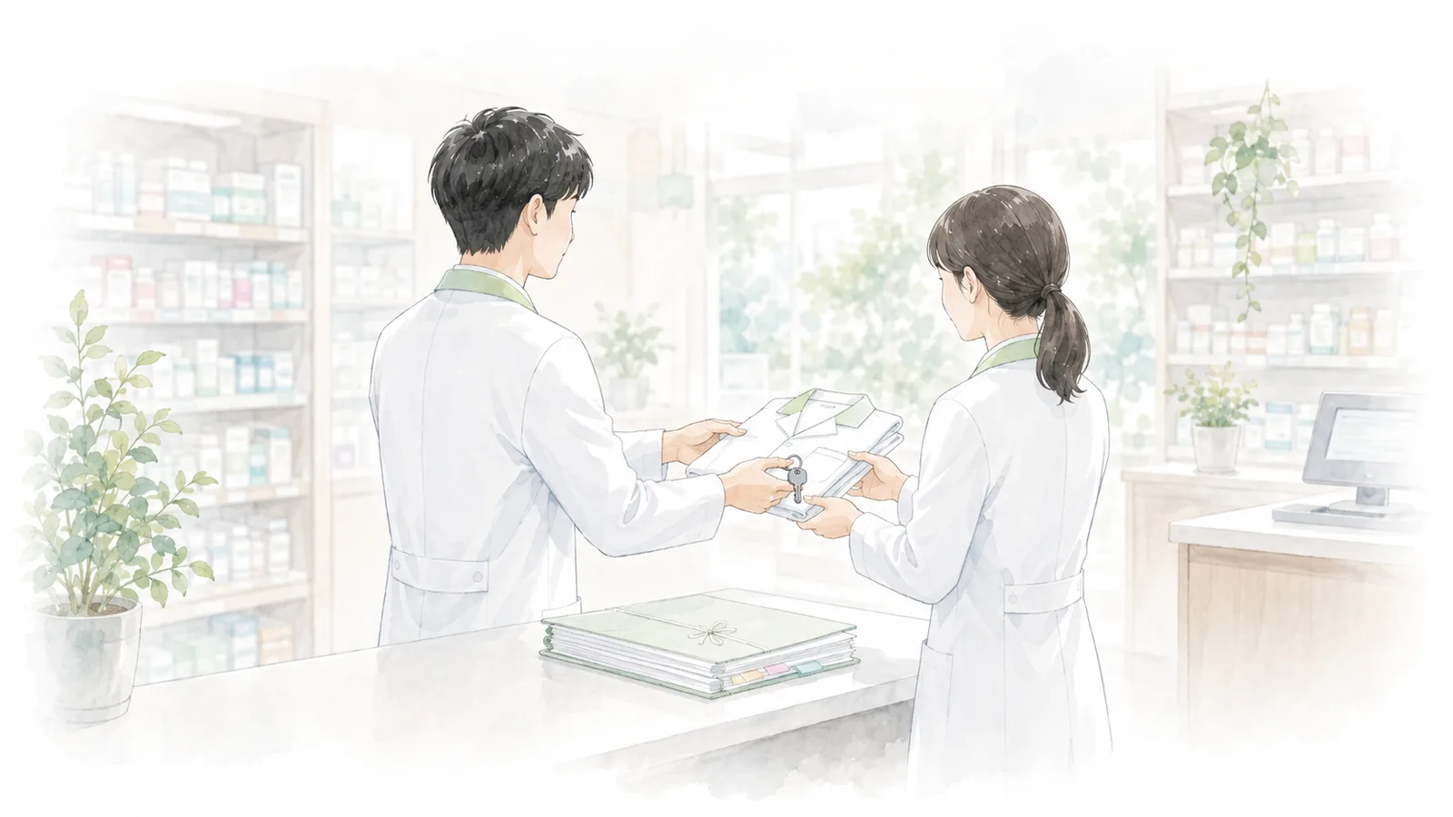 管理薬剤師が白衣と鍵、引き継ぎ資料を次の担当者へ渡すイラスト