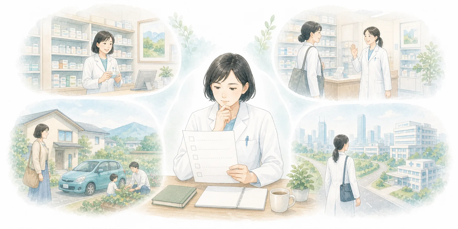 仕事と暮らし、将来の選択肢を整理する薬剤師のイラスト
