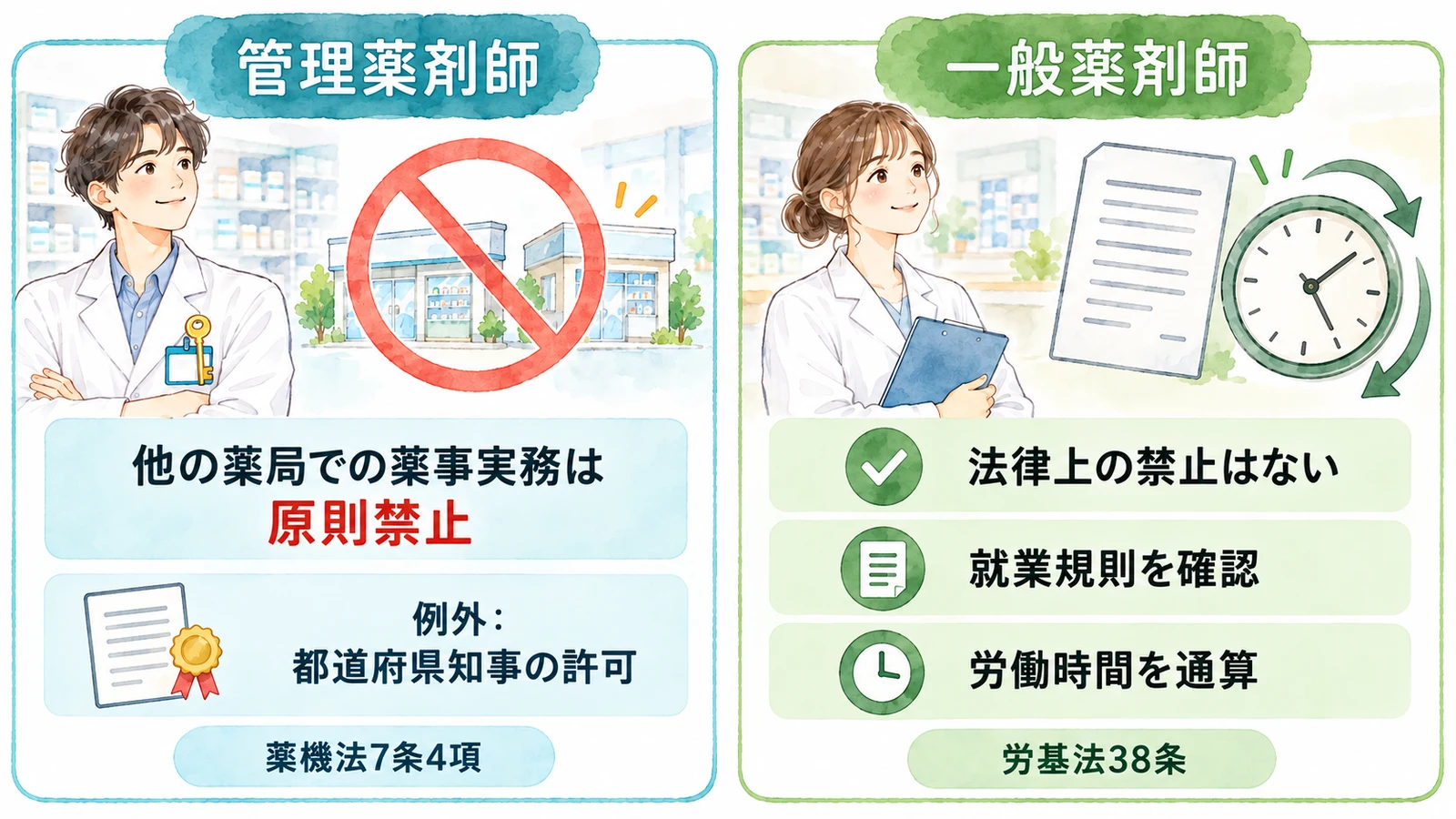 管理薬剤師と一般薬剤師について、薬機法と労働基準法に基づく副業ルールを比較した図