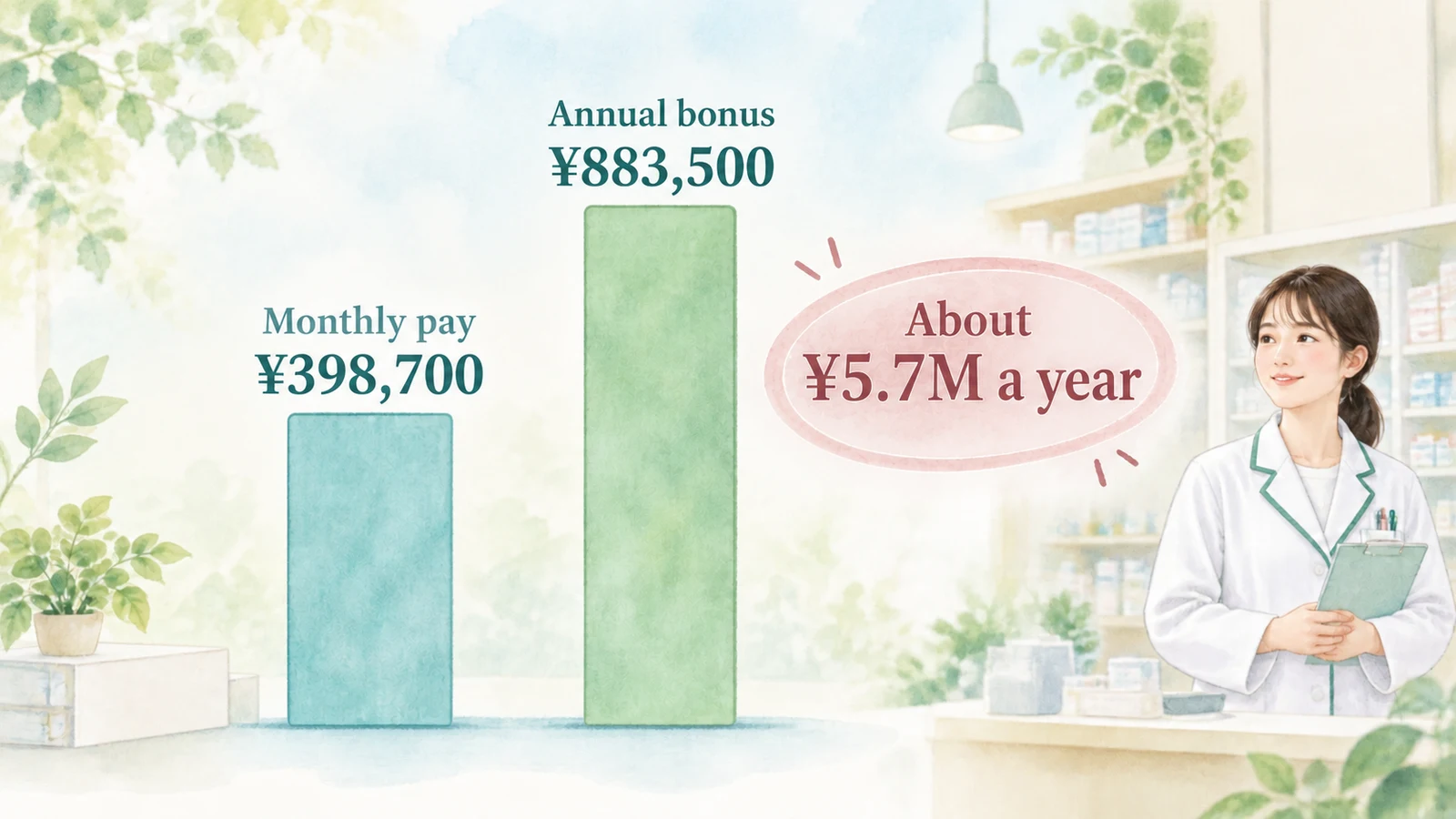 Bar chart of a Japanese pharmacist's average monthly pay of ¥398,700 and annual bonus of ¥883,500, based on 2025 government data