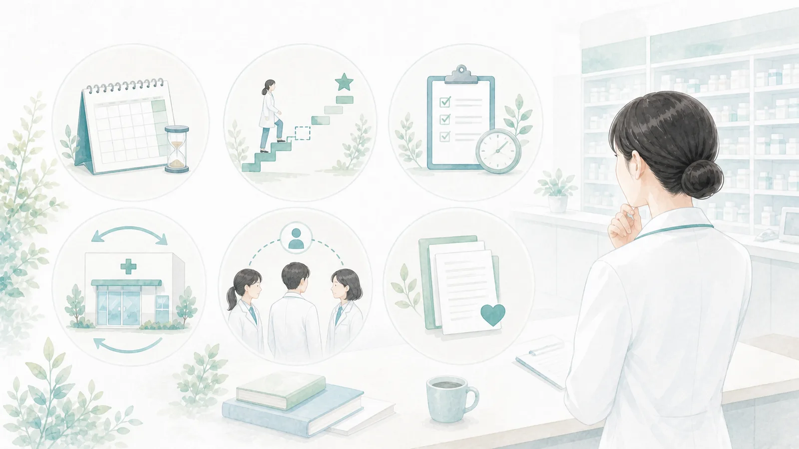 派遣薬剤師の六つのデメリットを整理するイラスト