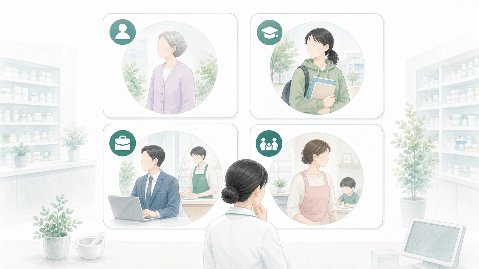 単発派遣が認められる四つの条件を確認する薬剤師のイラスト