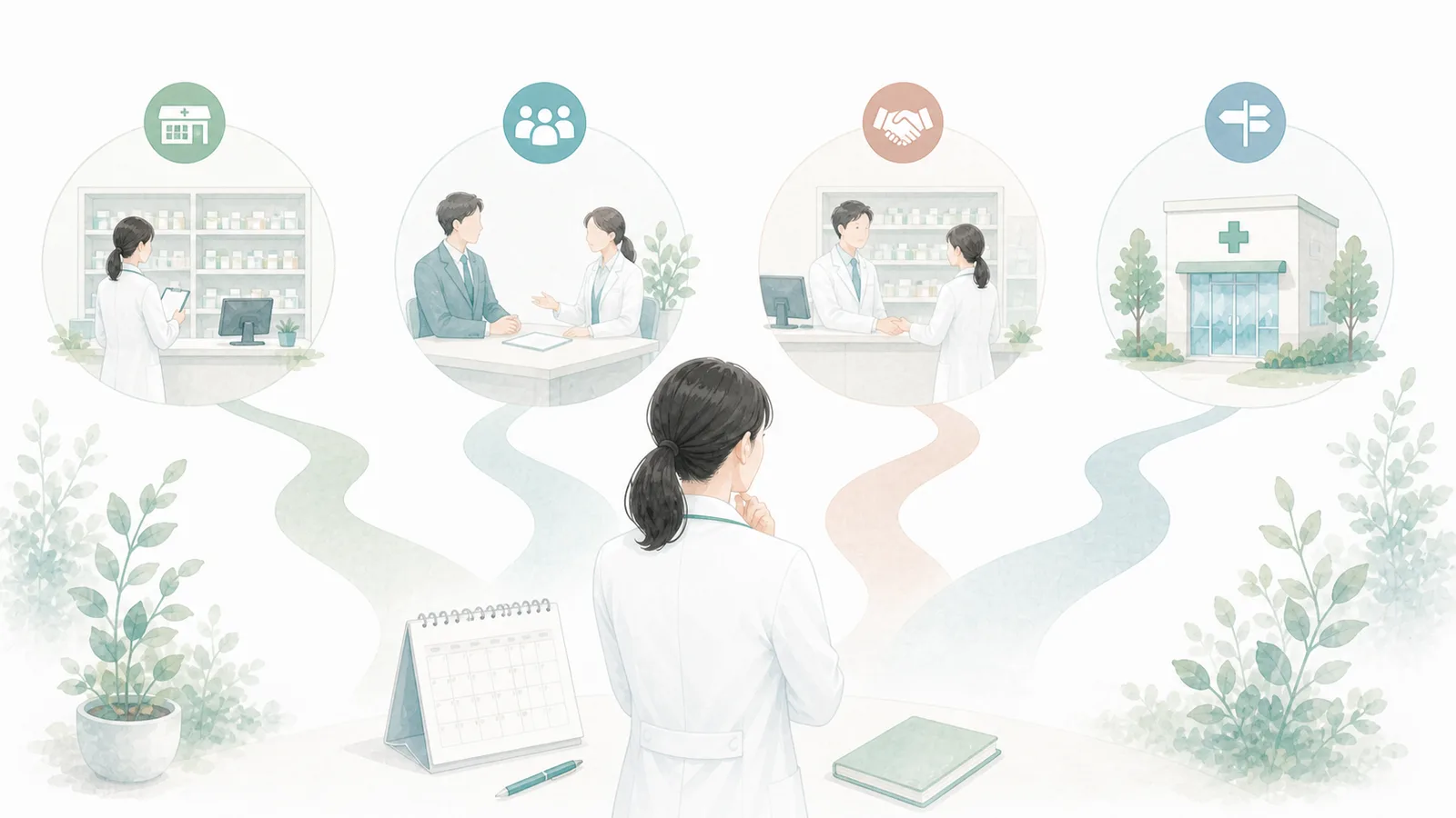 派遣期間の三年後に選べる四つの進路を比較する薬剤師のイラスト