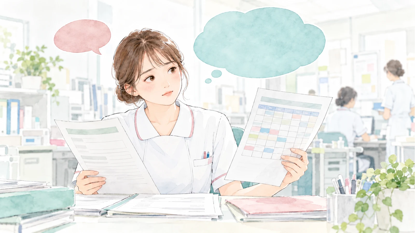 採用時の条件書と実際の勤務表を比べる看護師と、相談・回答の二つの吹き出し