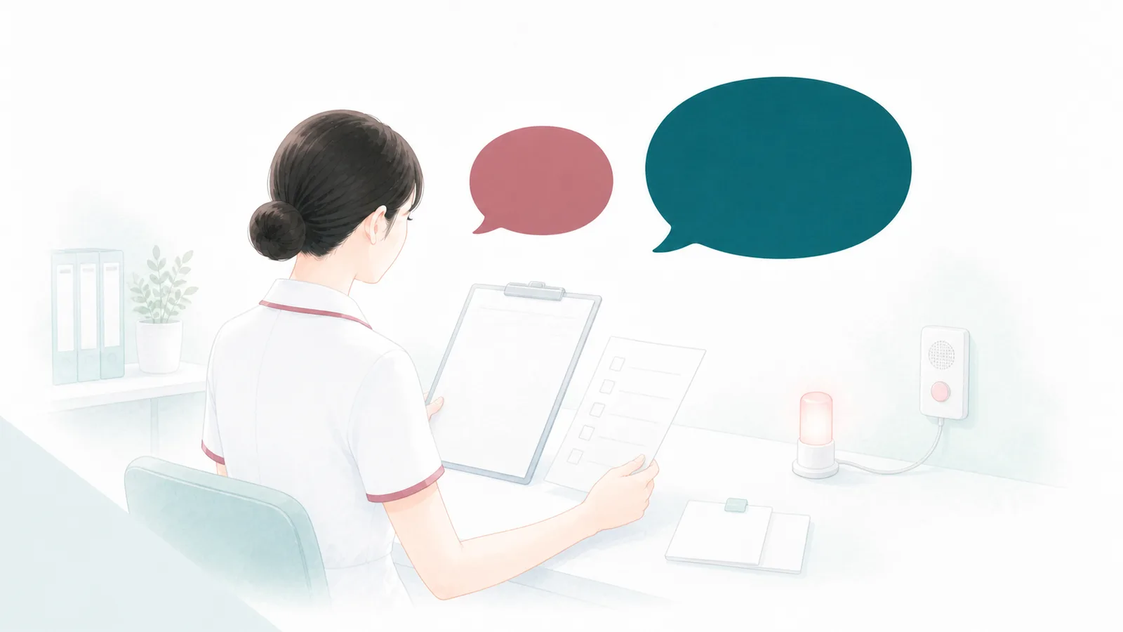 インシデントレポートと確認手順を見直す看護師と向かい合う二つの吹き出しのイラスト