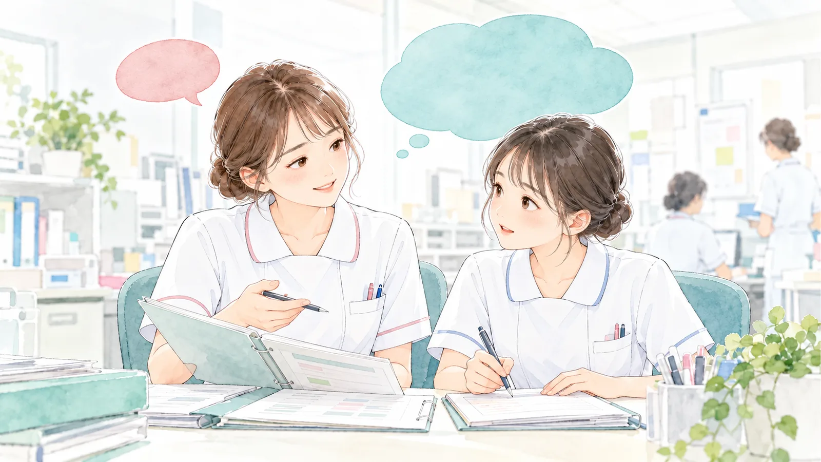 新人指導の記録を一緒に確認するプリセプターと新人看護師、相談・回答の二つの吹き出し