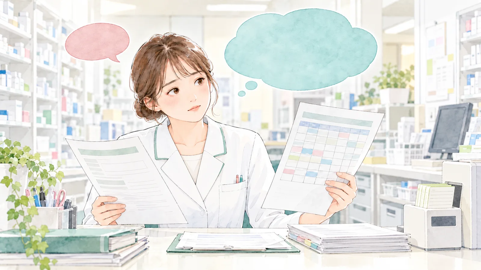 管理薬剤師手当の書類と時間外勤務の記録を比べる薬剤師と、相談・回答の二つの吹き出し